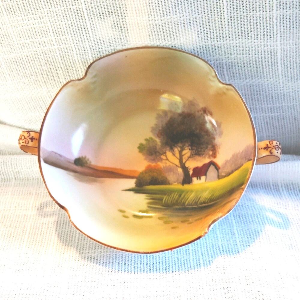 Nippon Porcelain Decorative Bowl w/ Handles, Scenic Landscape Pattern, Glossy